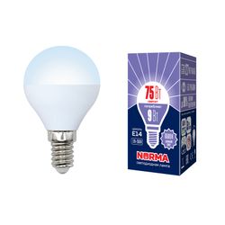 LED-G45-9W-DW-E14-FR-NR Лампа светодиодная. Форма шар. матовая. Серия Norma. Дневной белый свет 6500K. Картон. ТМ Volpe