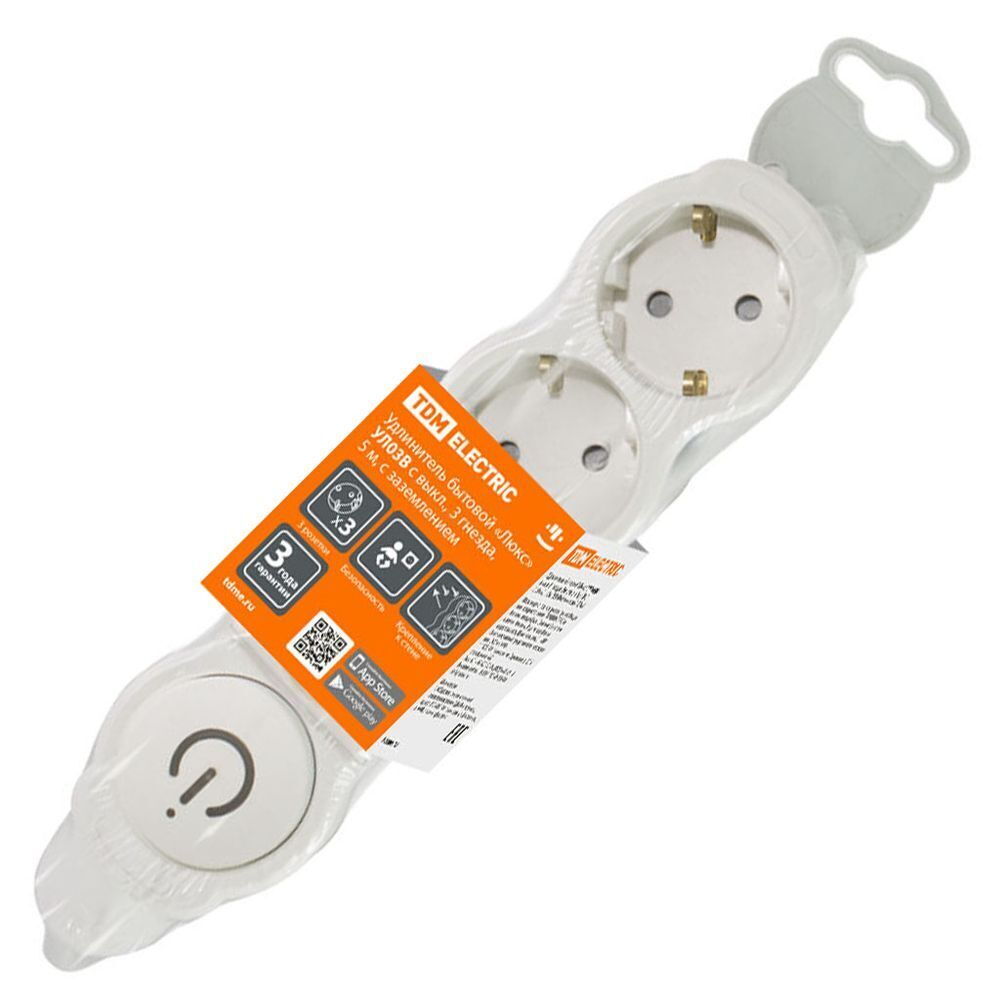 Удлинитель бытовой 3 гн, 5 м, ПВС, 3х1 мм2, с/з, 16 А, выкл, 250В,с з/ш, бело-сер, TDM, Люкс УЛ03В,