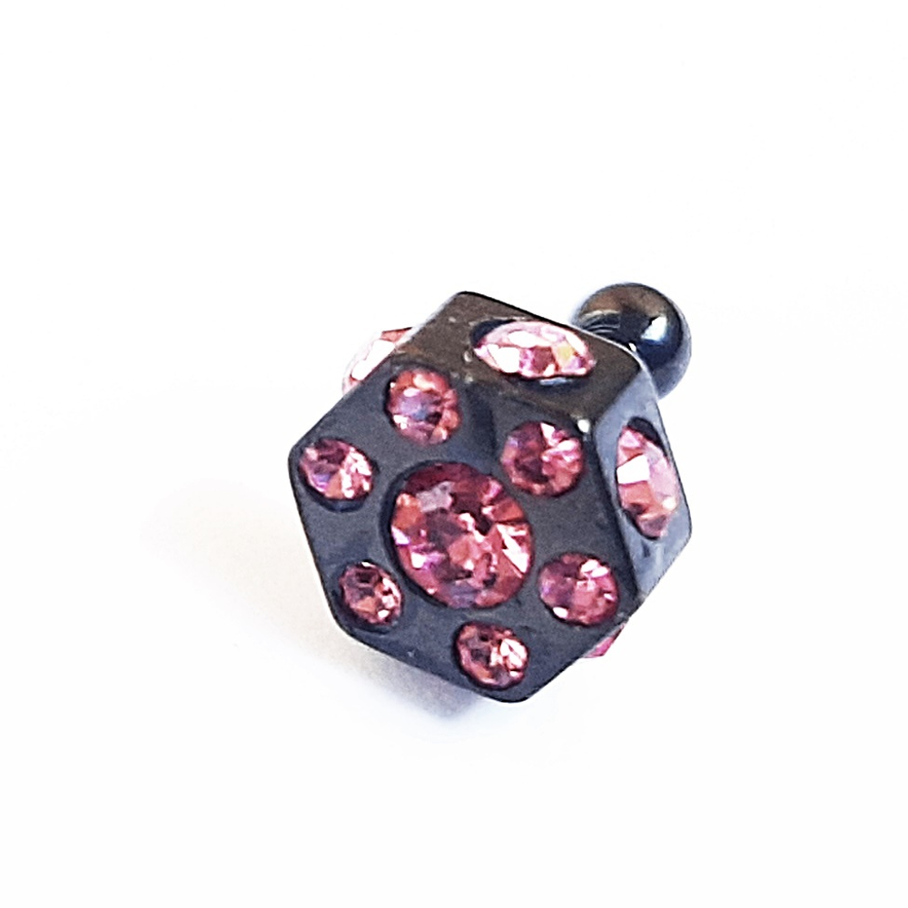 Микроштанга с розовыми кристаллами для пирсинга уха (козелок, хеликс, трагус). Медицинская сталь. Черная. 1 шт