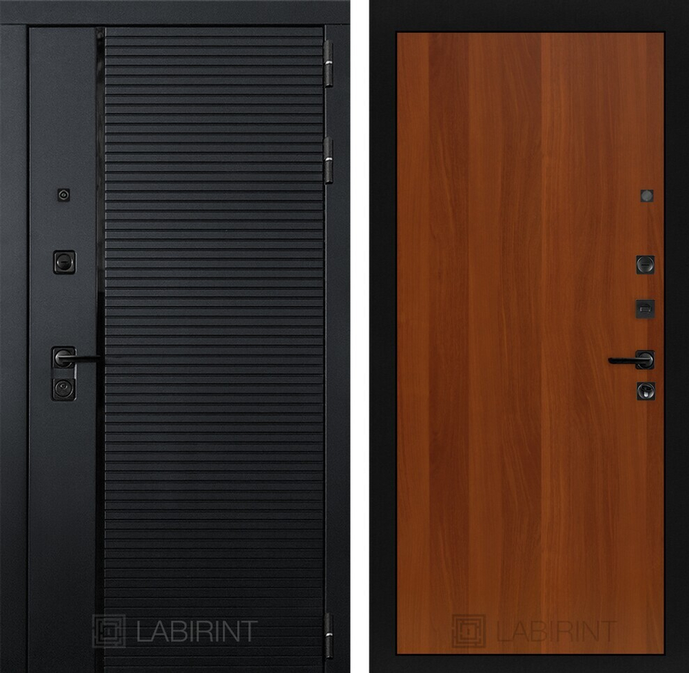 Дверь входная Лабиринт ПИАНО 05 Итальянский орех  ЧЕРНАЯ ФУРНИТУРА металлическая