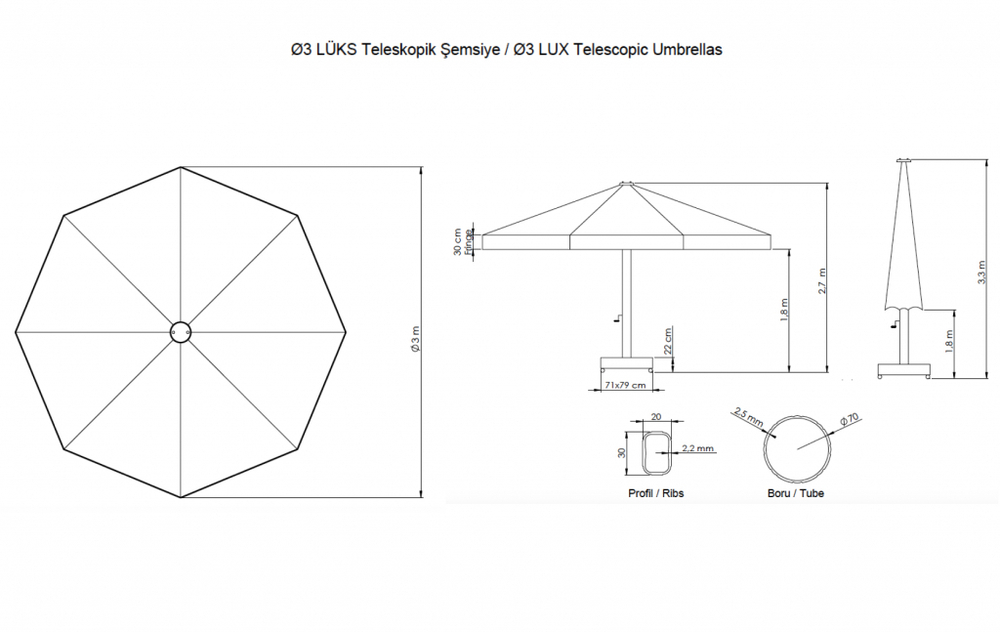 Зонт профессиональный Ø3 м Theumbrela Semsiye Evi Lux Telescopic, бежевый