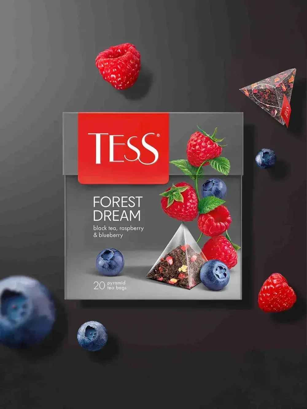 Черный чай с малиной и ароматом черники Tess Forest Dream в пирамидках, 20 шт