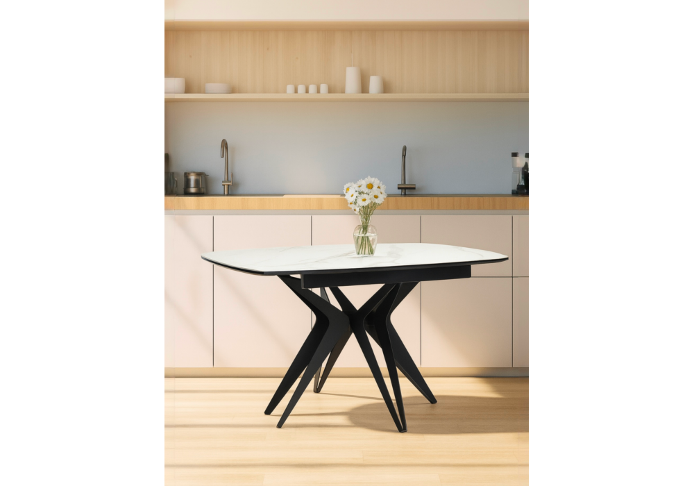 Керамический стол Woodville Риполь 160(205)х89 белый мрамор snow white, черный