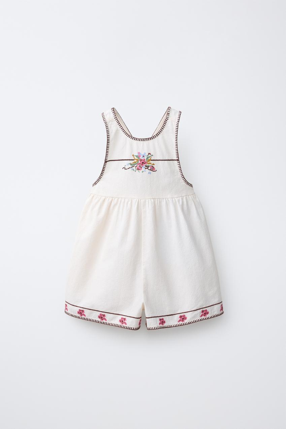 ZARA КОРОТКИЙ КОМБИНЕЗОН С ВЫШИВКОЙ КРЕСТИКОМ, ЭКРЮ