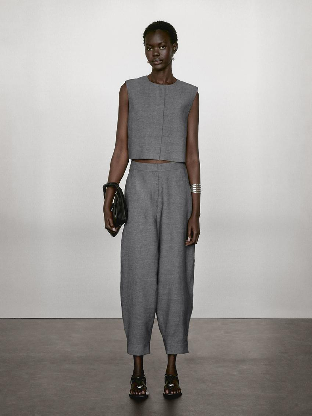 Massimo Dutti Короткий жилет из смесового льна, антрацитово-серый