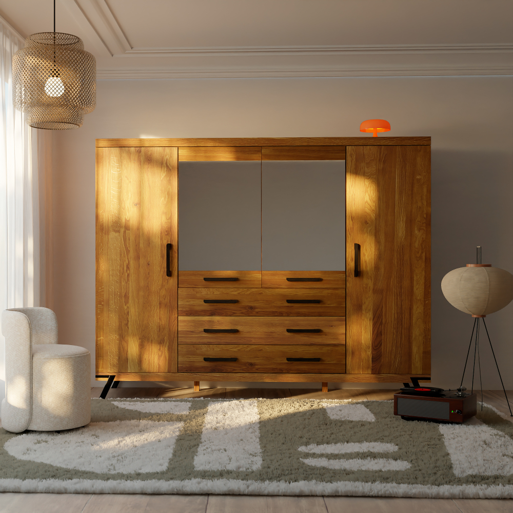 Шкаф для одежды 240х62х190, Флеверс, распашной для одежды, массив дуба, 4 двери 3 ящика, на металлических ножках, Dipriz