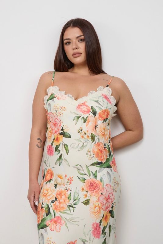 Платье-комбинация на тонких бретелях с отделкой кружевом, цветочный принт