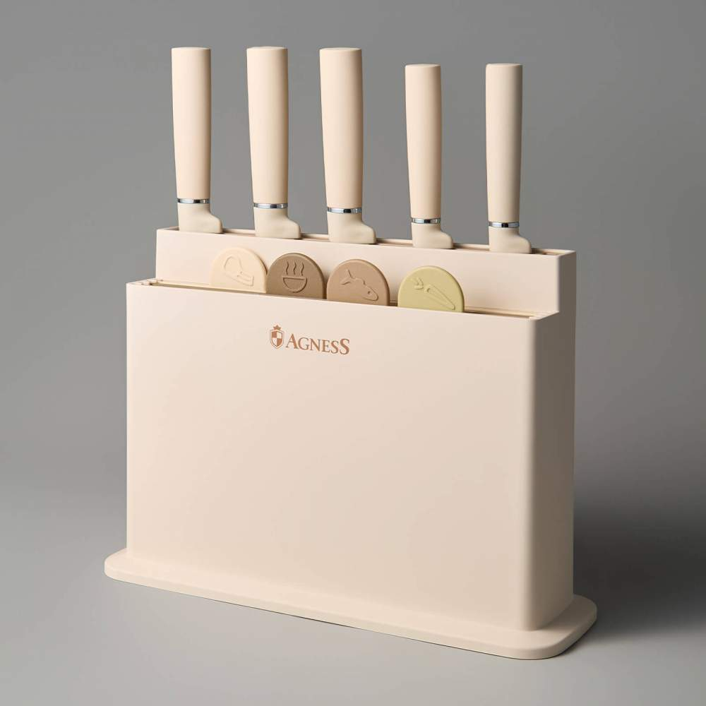 Набор ножей 10 предметов: 5 ножей, 4 доски, подставка. Цвет бежевый