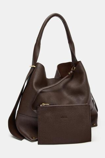 ZARA БОЛЬШАЯ КОЖАНАЯ СУМКА-МЕШОК, КОРИЧНЕВЫЙ