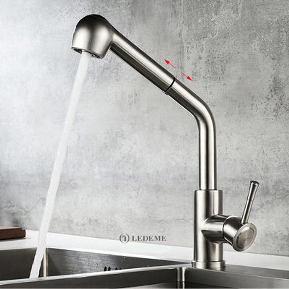 Смеситель кухня LEDEME 76014 d35 МОНО НЕРЖАВЕЙКА с выжвижной лейкой