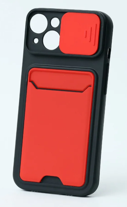 Чехол с картхолдером и защитой камеры для iPhone 14 Pro Max (черно-красный)