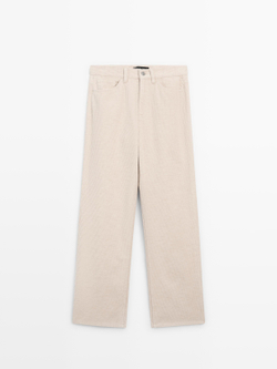 Massimo Dutti Вельветовые брюки прямого кроя с высокой талией, кремовый