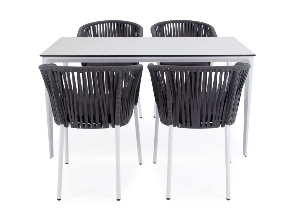 "Малага" обеденная группа на 4 персоны со стульями "Бордо", каркас белый, роуп серый