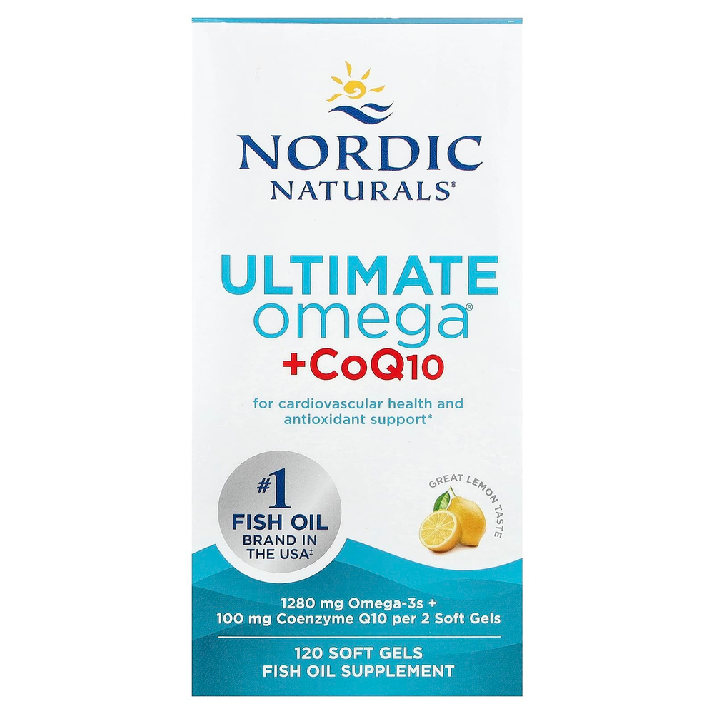 Nordic Naturals, Ultimate Omega + CoQ10, высокоэффективные омега-3 кислоты с коэнзимом Q10, со вкусом лимона, 1280 мг, 120 капсул (640 мг в 1 капсуле)
