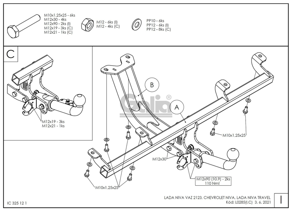 Фаркоп оцинкованный Galia L028A для Lada Niva Travel 2021-, Chevrolet Niva 2123 2008-2020, Lada Niva 2020-2021(паспорт и сертификат в комплекте)(без электрики)