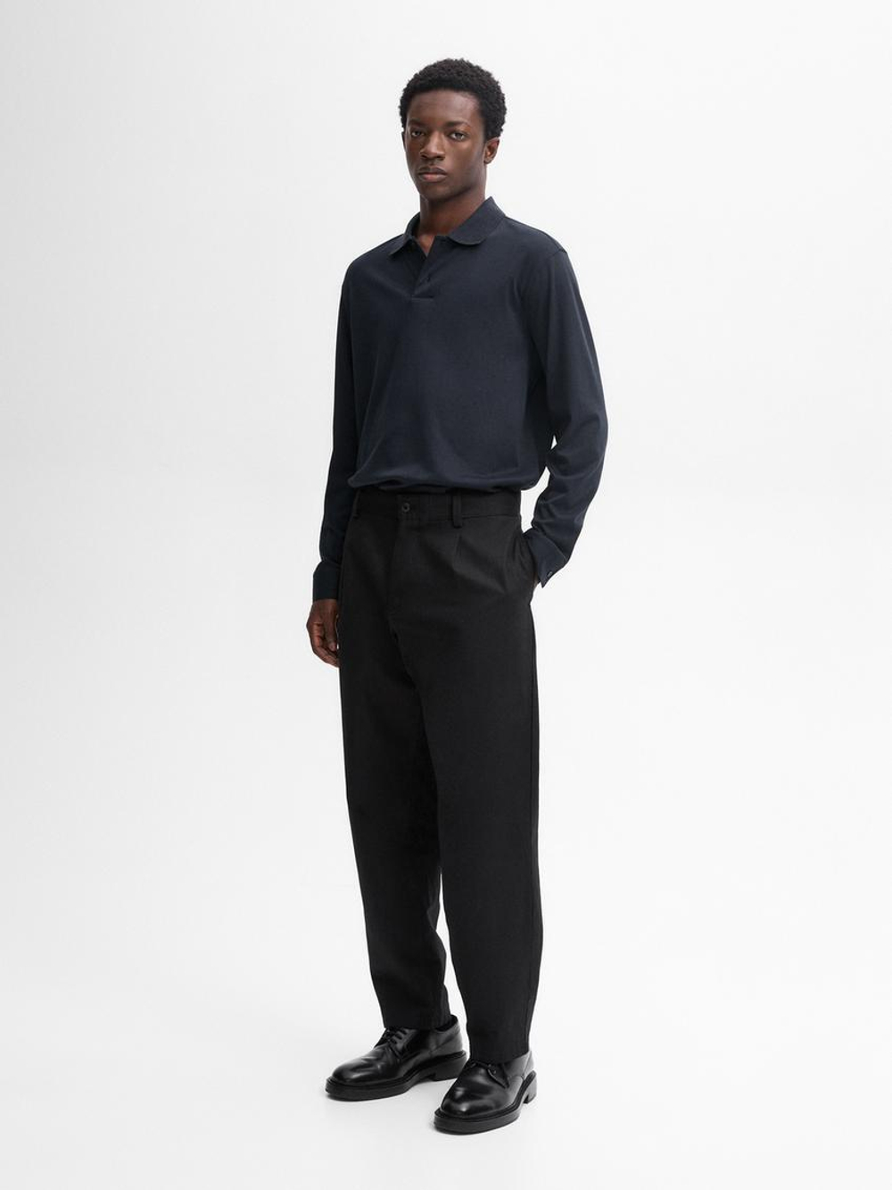 Massimo Dutti Поло из 100% хлопка с длинными рукавами, темно-синий