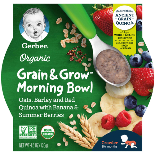 Gerber, Organic, Grain & Grow, Morning Bowl, для малышей от 10 месяцев, овес, ячмень, красная киноа с бананом и летними ягодами, 128 г (4,5 унции)