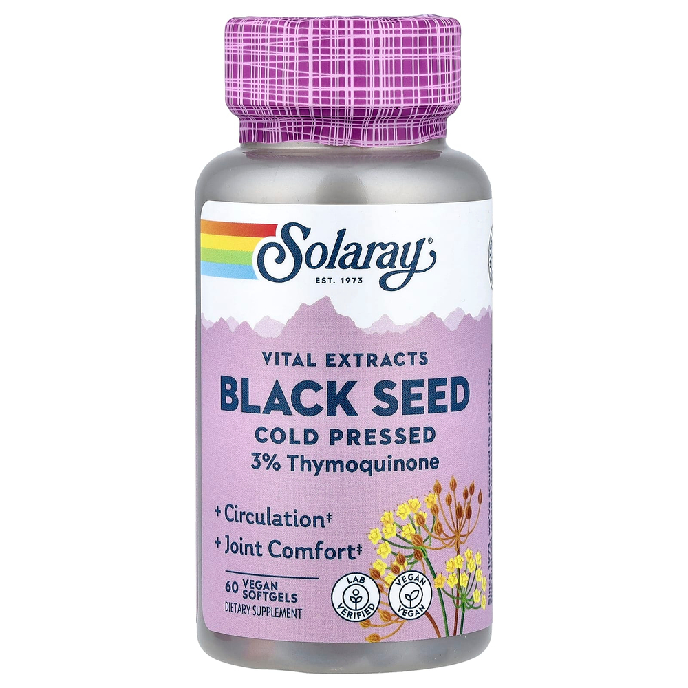 Solaray, Vital Extracts, чёрный тмин, холодный отжим, 60 веганских капсул (500 мг в 1 капсуле)