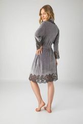 Халат женский  велюровый с кружевом Alison 0431 серый NUSA Турция