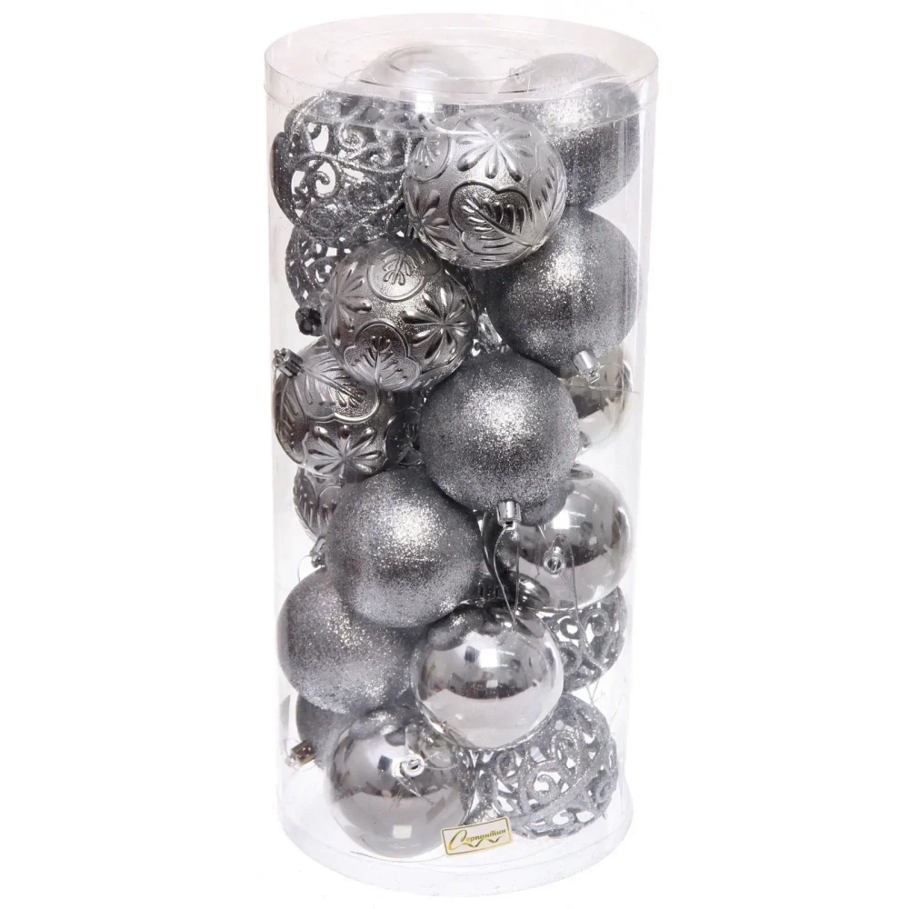 Новогодние шары 8 см (набор 24 шт) «Фактурный микс», серебро