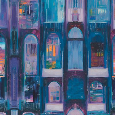 сумерки, в городе, окна, арки, проёмы, абстрактное искусство, будущие сумерки