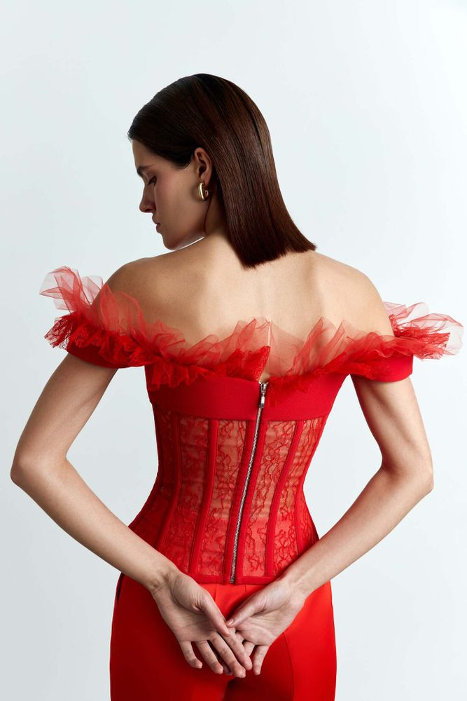 Tоп корсетного типа из крепа и кружева с рюшами и бантом