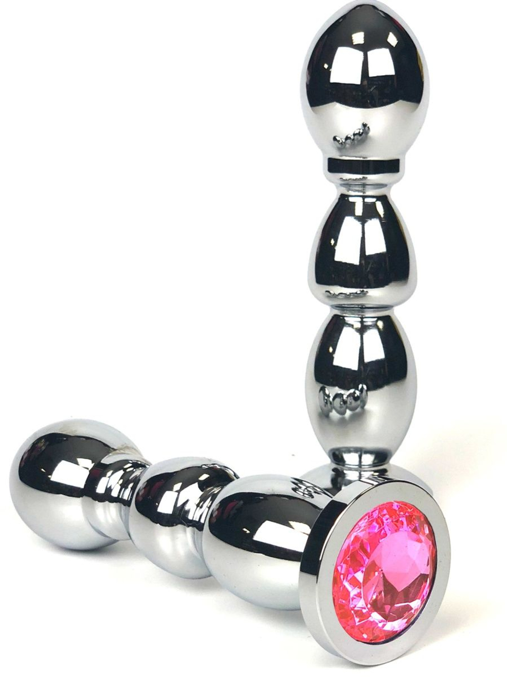 Серебристая анальная пробка-ёлочка с розовым кристаллом - 12,5 см. (Цвет: розовый)