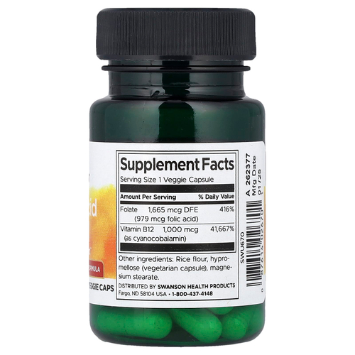 Swanson, Фолиевая кислота и витамин B12, 30 растительных капсул