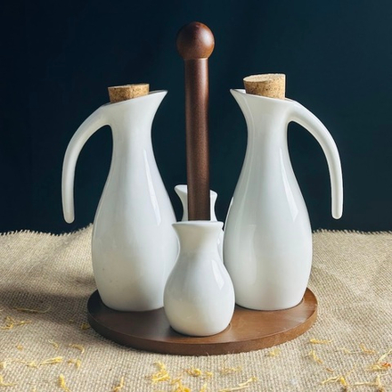 Lenardi 235-087 Набор солонок и бутылки для масла/уксуса 4пр. на подставке TROPICAL в под.уп.(х16)Фарфор