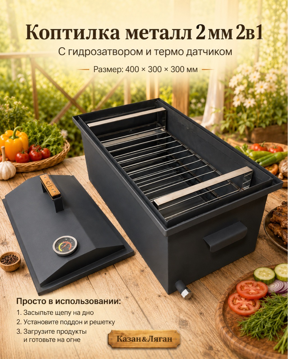 Коптилка металл 2 мм 2в1 с г-з и т.датчик 400*300*300 мм