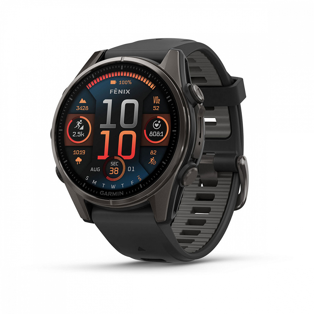 Смарт - часы Garmin fenix 8 - 43 мм, AMOLED Sapphire, угольно-черный DLC, пепельно-серый ремешок