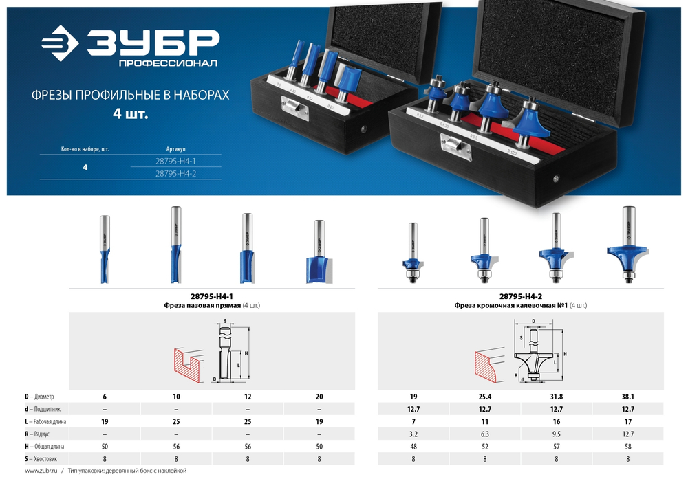 ЗУБР 4шт, набор профильных фрез по дереву