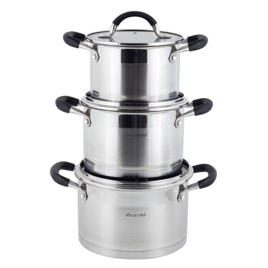 Набор кастрюль 6 предметов из нержавеющей стали Kamille KM 5752 (2,0 л; 2,7 л; 3,7 л) с силиконовыми вставками на ручках