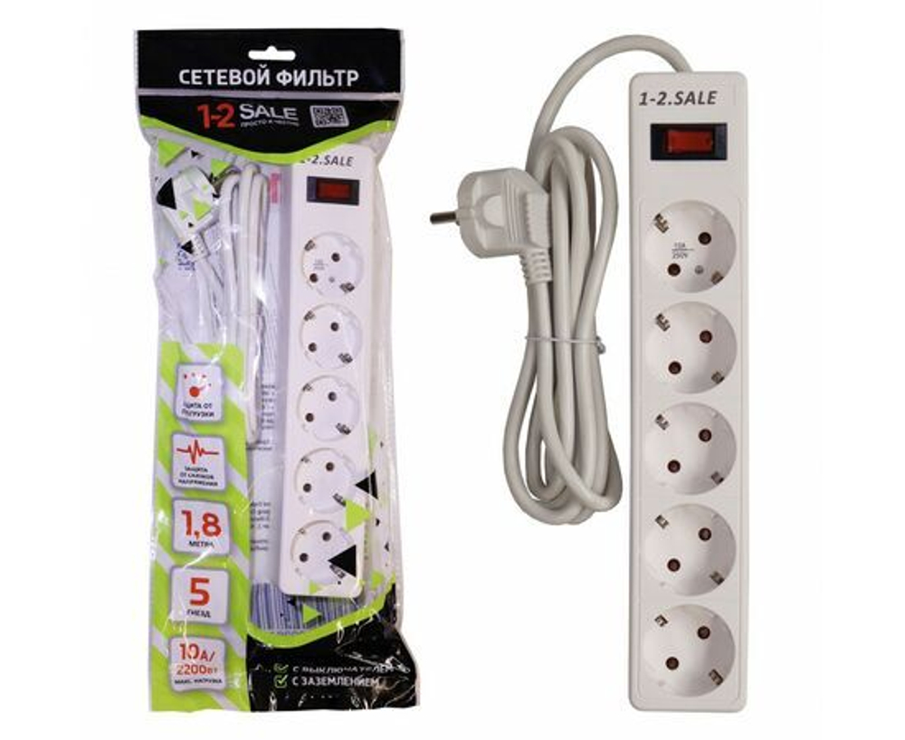 Cетевой фильтр ПВС 3х0.75 5роз. 5м 10А 2200W БЕЛЫЙ земля, выкл.