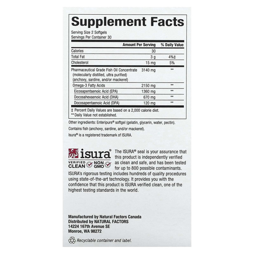 Natural Factors, RxOmega-3, омега-3 повышенной силы действия, 60 капсул (1075 мг в 1 капсуле)