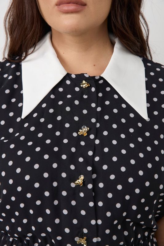 Платье из шифона с контрастными деталями, черное в белый горох