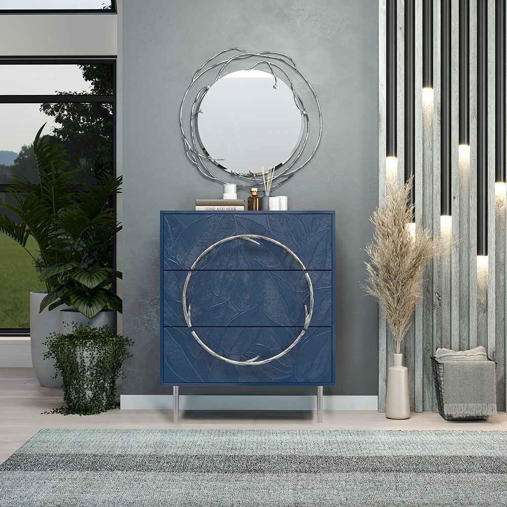 Комод Арт Колор leaves с 3-мя ящиками Стайл Сильвер Королевский синий