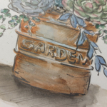 Картина авторская акварельная в паспарту 21х30 см на стену для интерьера "Суккуленты в горшке"