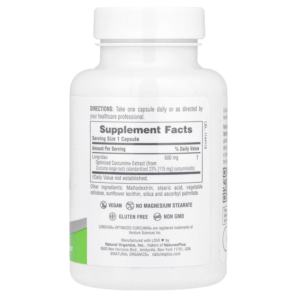 NaturesPlus, Pro Longvida®, куркумин, 500 мг, 60 капсул