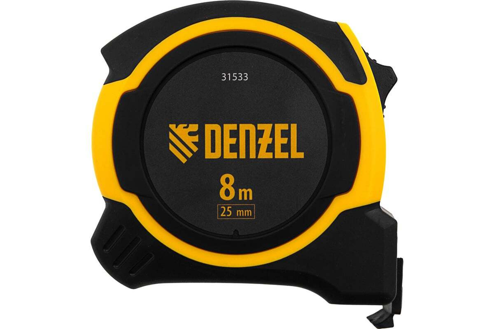 Рулетка Denzel 8 м, 25 мм, двухкомпонентный корпус, магнитный обрезиненный зацеп 31533