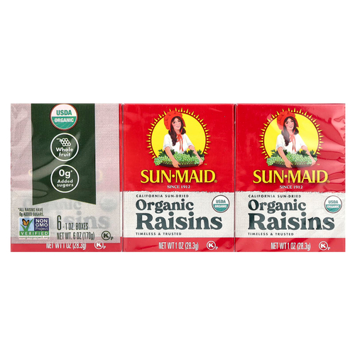 Sun-Maid, California, высушенный на солнце органический изюм, 6 упаковок по 28,3 г (1 унции)