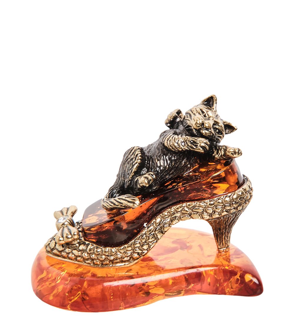 Народные промыслы AM- 387 Фигурка «Кошка на туфле» (латунь, янтарь)