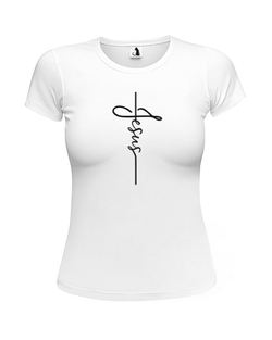 Футболка с крестом Jesus женская приталенная белая с черным рисунком