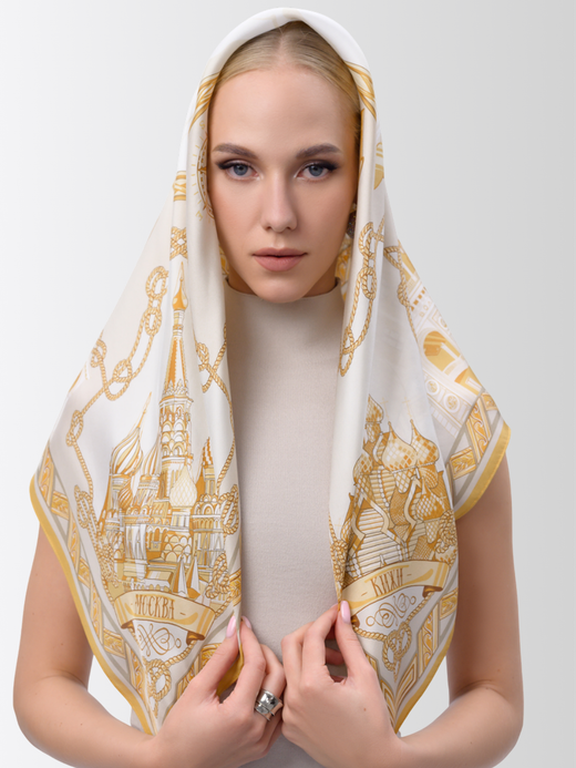 Платок «Реки России» бежевый 100% шёлк