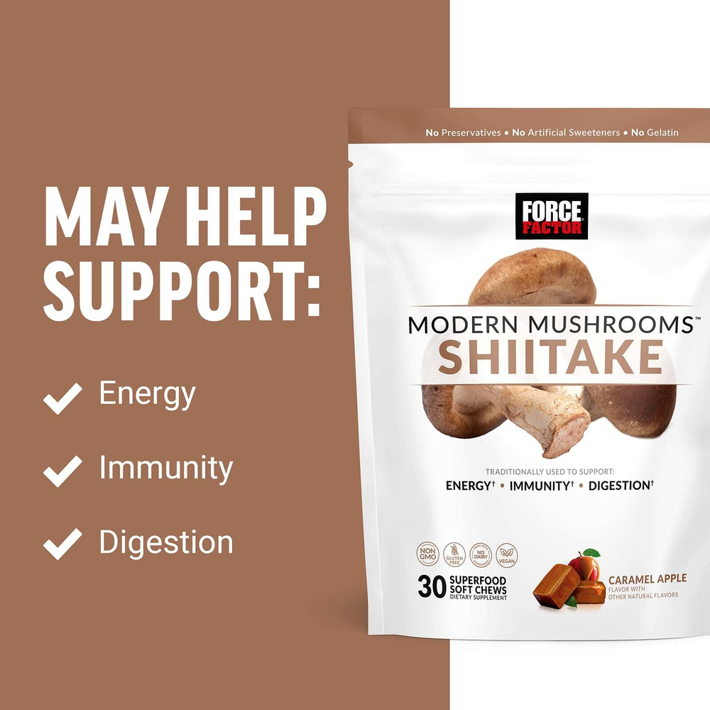 Force Factor, Modern Mushrooms™, шиитаке, карамельное яблоко, 30 жевательных таблеток с суперфудами (300 мг в 1 жевательной таблетке)