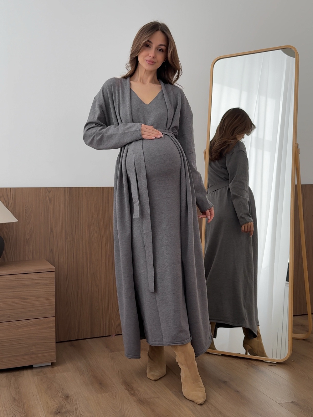 Комплект вязаный, длинное платье на лямках и кардиган