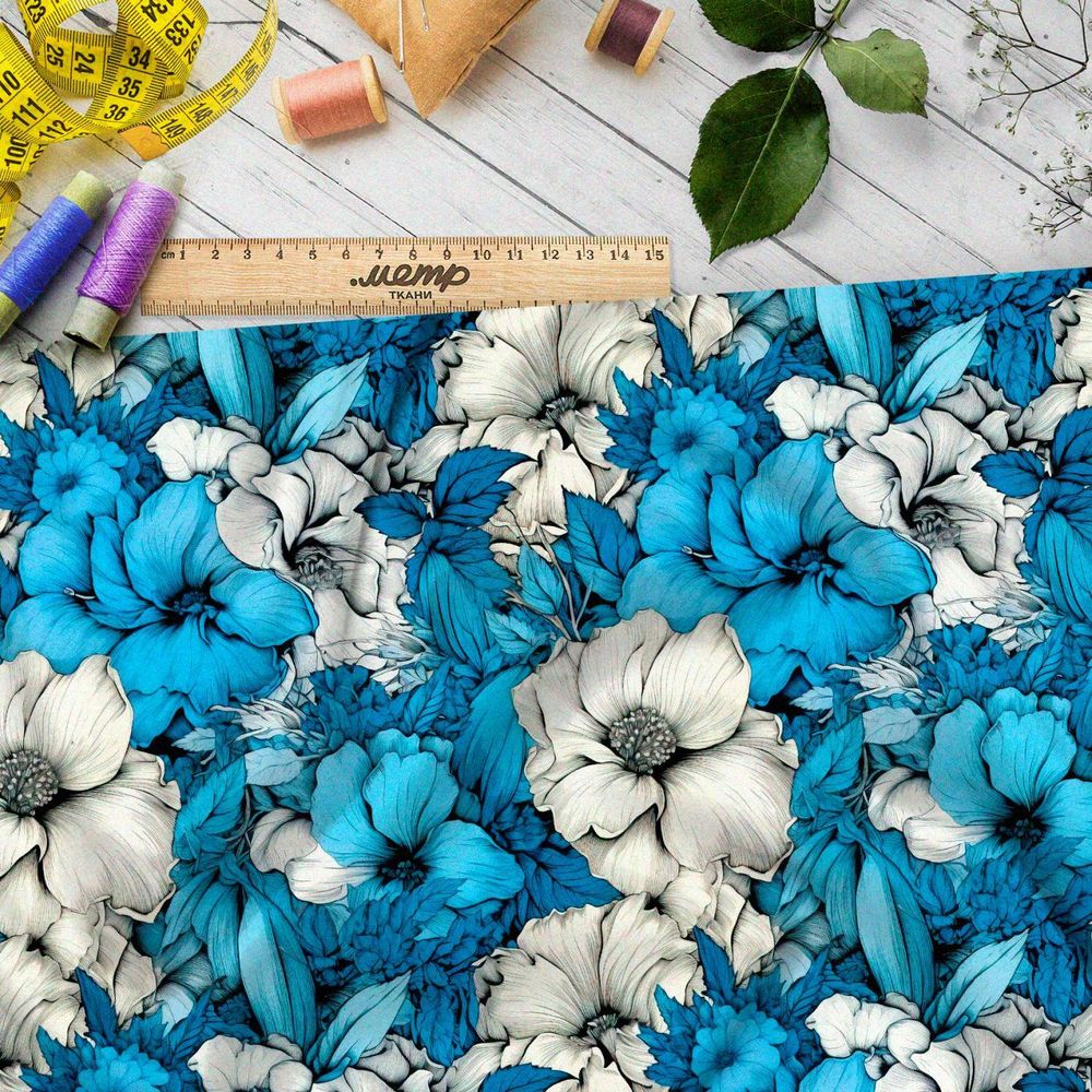 Ткань премиум Оксфорд 600D бело-голубой фантазийный цветник