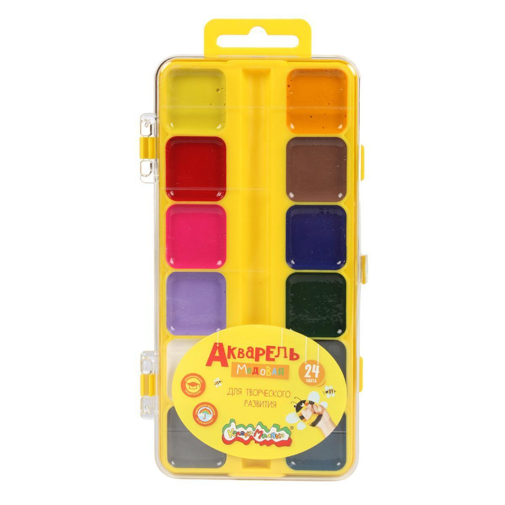 Акварель 24 цвета, без кисти, квадратный кювет, пластик (Каляка-маляка)