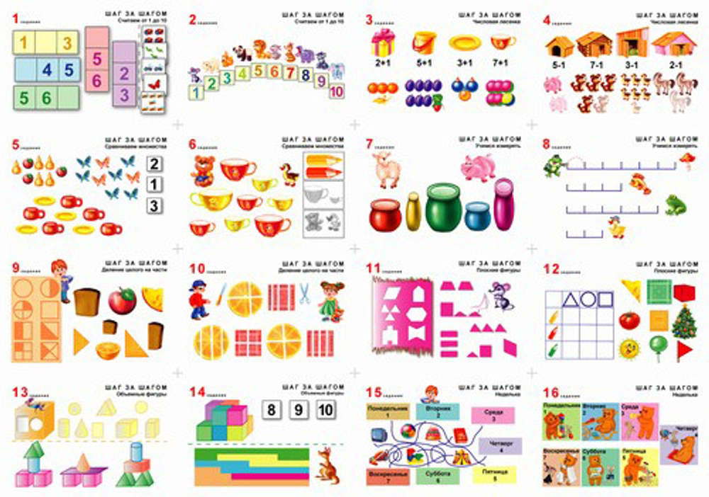 Комплект таблиц Математика 4-5 лет. "Шаг за шагом". (8 таблиц+16 карт.)