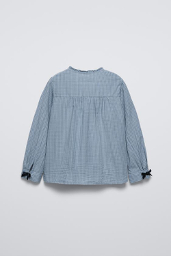 ZARA РУБАШКА В КЛЕТКУ С БАРХАТНЫМИ БАНТАМИ, ВЫЦВЕТШИЙ СИНИЙ